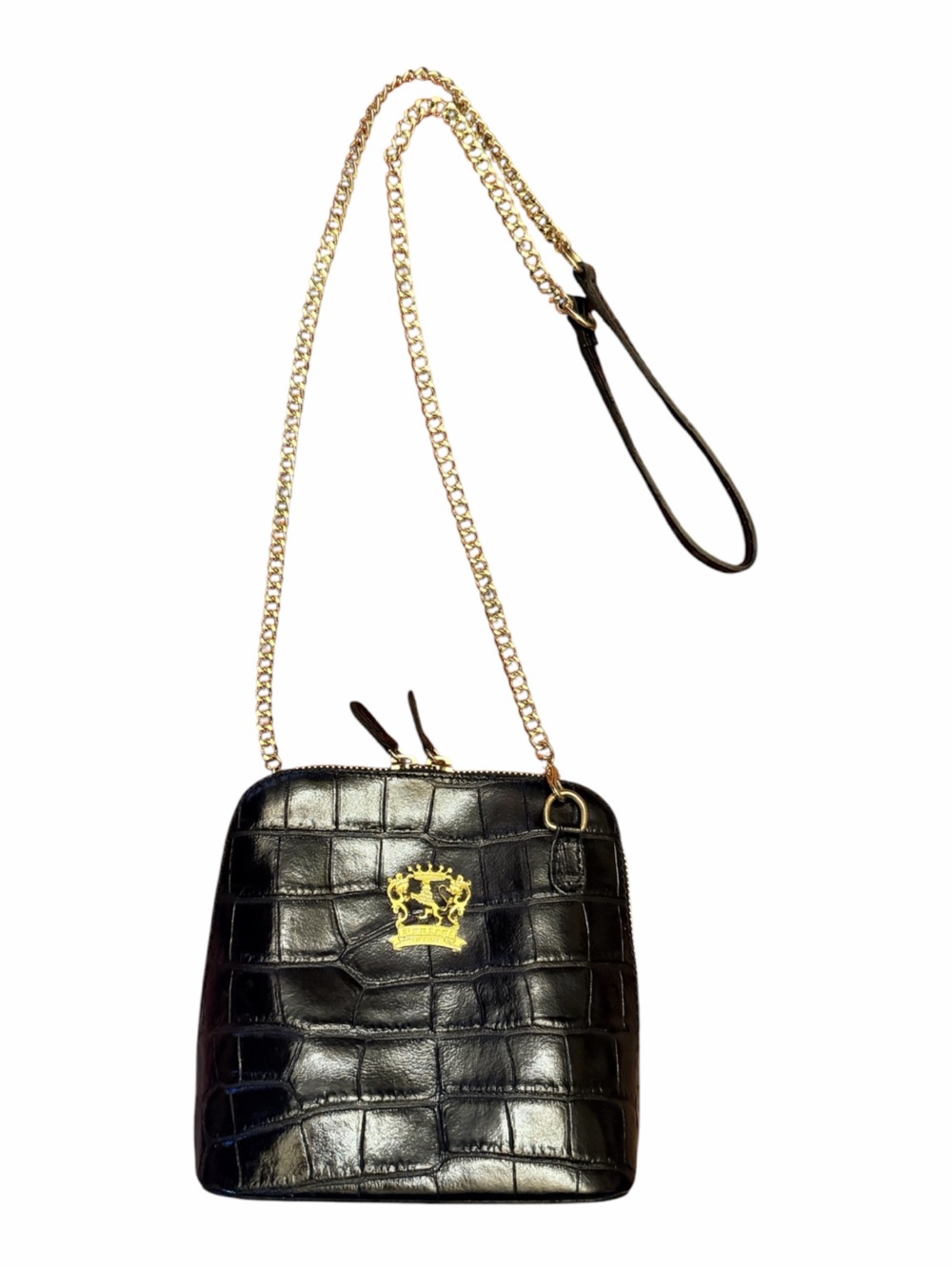 Pratesi Volterra King Crossbody Croco Embossed Black Leather Gold Chain
